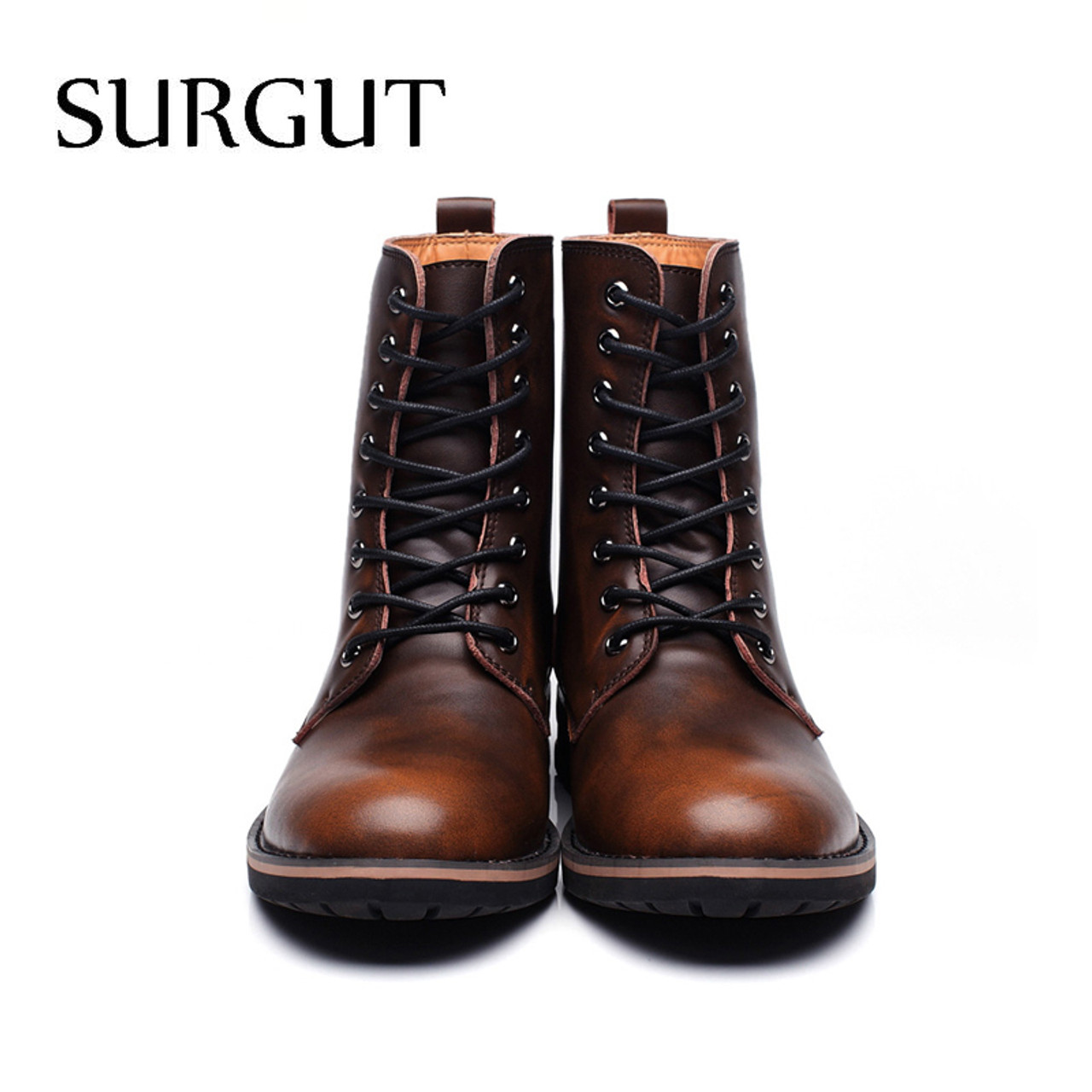 SURGUT Men Motorcycle Boots Vintage Combat Boot Winter Fur 2018 New Cow Split Leather Waterproof Buckle Military Boots Men Shoes